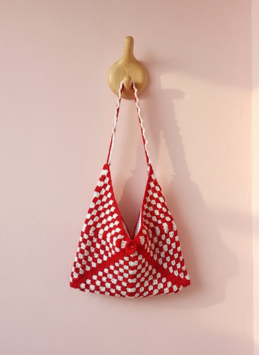 Handmade🧶✋ Crochet 🧵 Granny Square Shoulder Bag 👜 – Red & White Boho Tote