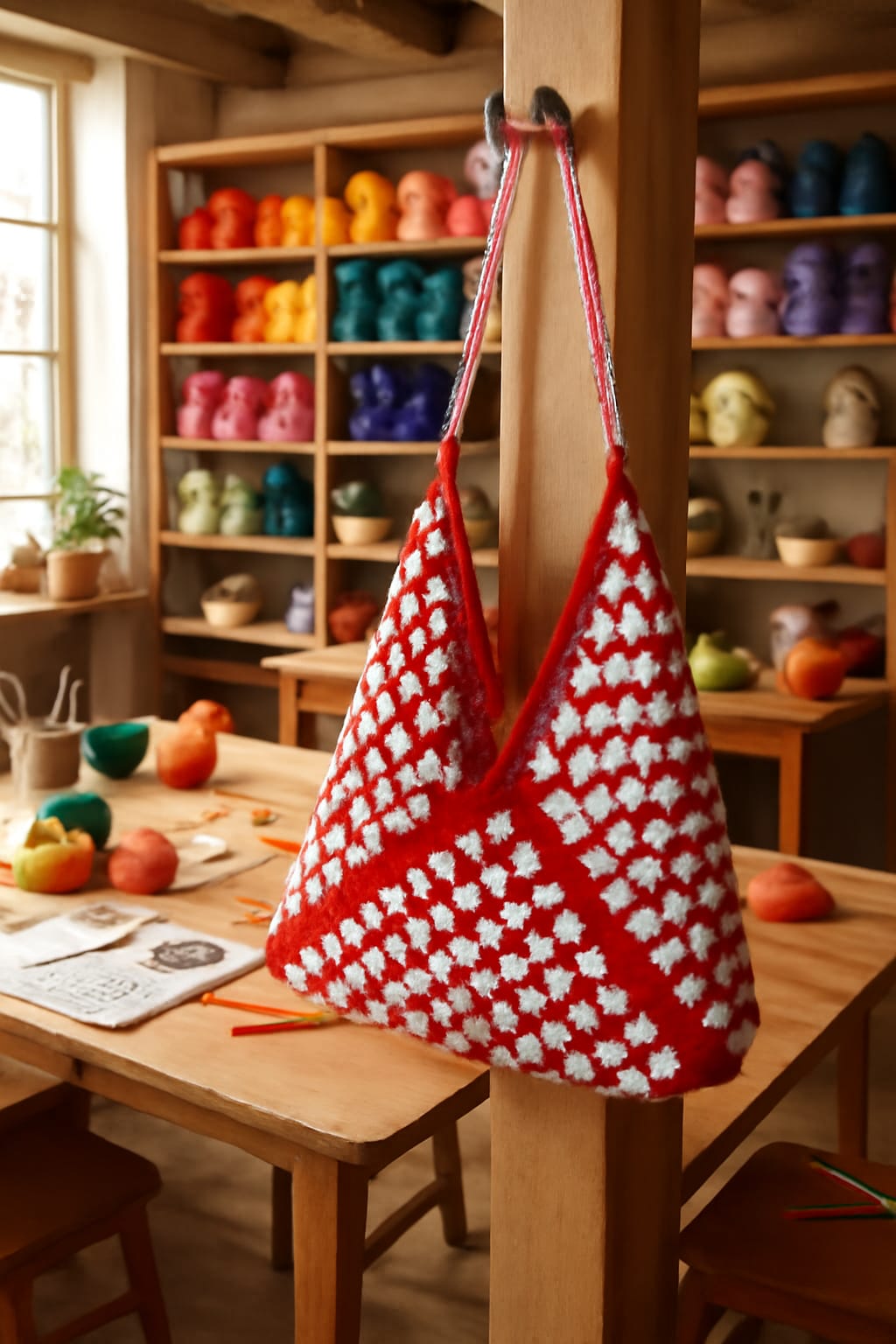 Handmade🧶✋ Crochet 🧵 Granny Square Shoulder Bag 👜 – Red & White Boho Tote