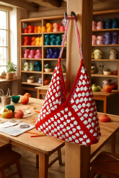 Handmade🧶✋ Crochet 🧵 Granny Square Shoulder Bag 👜 – Red & White Boho Tote