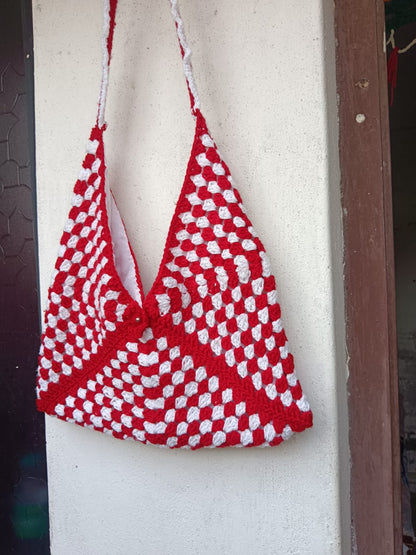 Handmade🧶✋ Crochet 🧵 Granny Square Shoulder Bag 👜 – Red & White Boho Tote